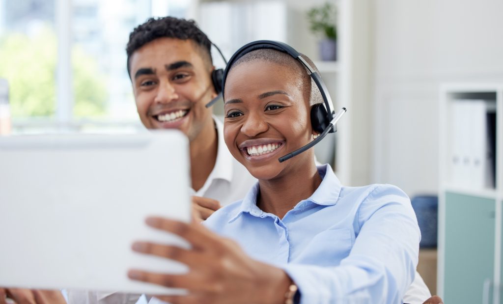 Call center, tablet or business people selfie in office for contact us, customer support or consult